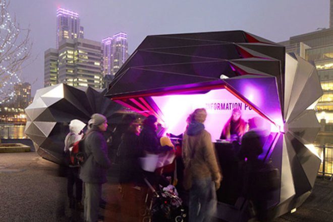 Make, origami structure, Origami Kiosks, recyclable aluminum, London, foldable shelters, foldable architecture, Architecture, Prefab Housing, Recycled Materials