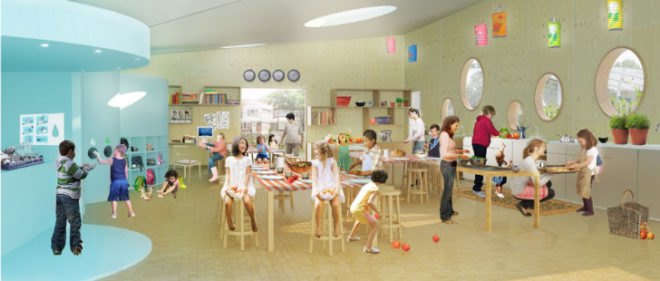 Public School 216, P.S. 216, New York architect WORKac, Arturo Toscanini, Edible Schoolyard NYC, edible school yard, edible playground, student gardening classes, student kitchen classes, children’s education, cementitious shingles, student chefs, student gardners, greenhouse, kitchen, education, converted parking lots, greening projects, former parking lots, WORK Architecture Company