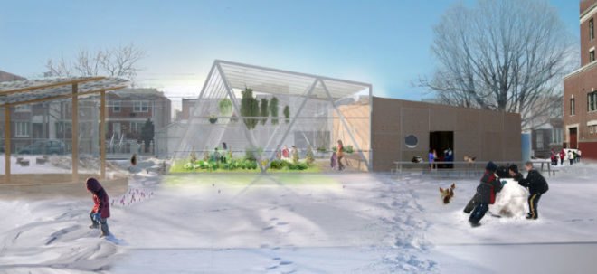 Public School 216, P.S. 216, New York architect WORKac, Arturo Toscanini, Edible Schoolyard NYC, edible school yard, edible playground, student gardening classes, student kitchen classes, children’s education, cementitious shingles, student chefs, student gardners, greenhouse, kitchen, education, converted parking lots, greening projects, former parking lots, WORK Architecture Company