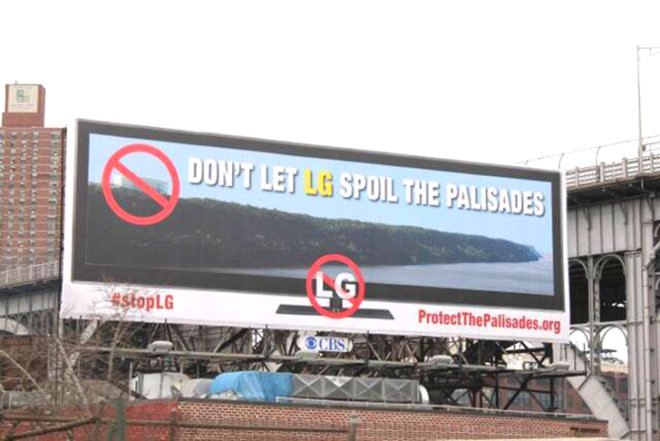 Protect the Palisades, West Side Highway, 125st Street, LG, HOC, Hayley Carlock, New Jersey, #StopLG, West Side Highway billboard, LG protesting billboard, protests, environmental groups, nature reserves, lobbying, conservation, environment, parkland, forest, Englewood Cliffs, LG HOK building