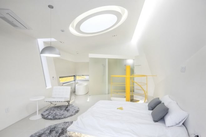 Studio Koossino, easter island, moai statues, holiday homes, gapyeong arboretum, asymmetrical buildings, guesthouses, yellow buildings, trapezoidal windows, korean architecture, Moai pension