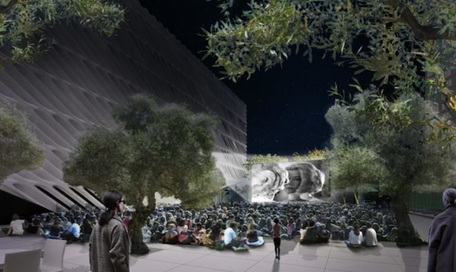 Diller Scofidio + Renfro, hood design, the broad art museum, los angeles, public plaza, outdoor plaza, landscaped plaza, Barouni olive trees, bunker hill, Bill Chait