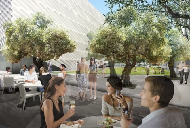 Diller Scofidio + Renfro, hood design, the broad art museum, los angeles, public plaza, outdoor plaza, landscaped plaza, Barouni olive trees, bunker hill, Bill Chait