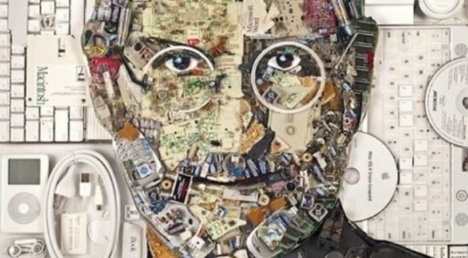 Jason Mercier, Steve Jobs portrait, mosaic art portraits, junk artists, apple products, art work, mosaic portraits out of scrap