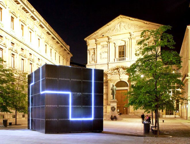 Romolo Stanco, e-QBO installation, art installation, LED interactive installation, LED lights, Italian design, photovoltaics, renewable energy sources, TRED, transformable design, interactive objects, wifi hot-spots
