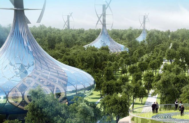 Vincent Callebaut Architectures, Vincent Callebaut, Flavours Orchard, eco-district China, China sustainable architecture, China architecture, China masterplan, sustainable masterplan, solar power, wind power, wind turbines, futuristic city, smart energy grid