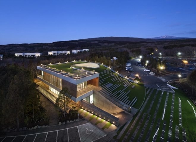 Jeju island, jeju province, south korea, green roof, d lim architects, nine bridges, nine bridges golf course, multipurpose hall, CJ group, sloping green roof, timber louvers