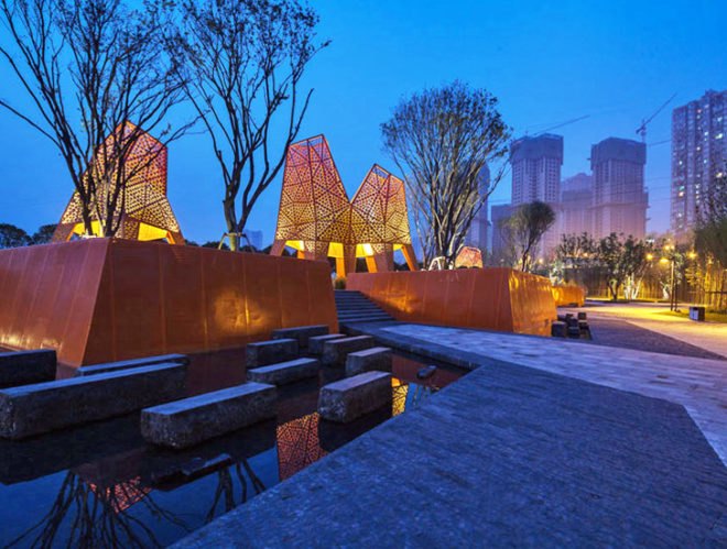 Martha Schwartz, landscape architecture, Chongqing, fengming mountain park, perforated metal, demonstration park, steep topography, zigzag paths, mountain pavilions, balustrade walls
