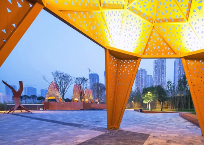 Martha Schwartz, landscape architecture, Chongqing, fengming mountain park, perforated metal, demonstration park, steep topography, zigzag paths, mountain pavilions, balustrade walls