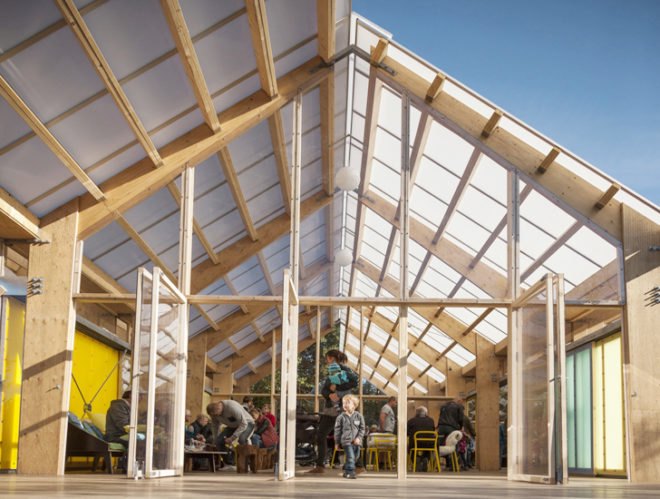 Spektrum Arkitekter, Fjelstervang community hub, Fjelstervang Village, northern Denmark architecture, danish architecture, danish architects, multi-purpose spaces, community centers, recreational spaces, timber structure, wooden architecture, transparent roofs