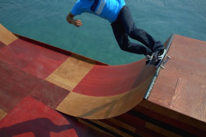 Floating Skate Ramp, Visit California, floating ramp, bob burnquist, lake tahoe, skate boarding, skate ramp