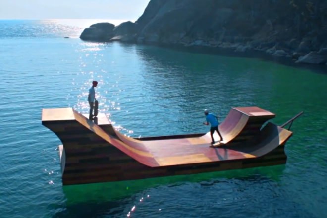 Floating Skate Ramp, Visit California, floating ramp, bob burnquist, lake tahoe, skate boarding, skate ramp