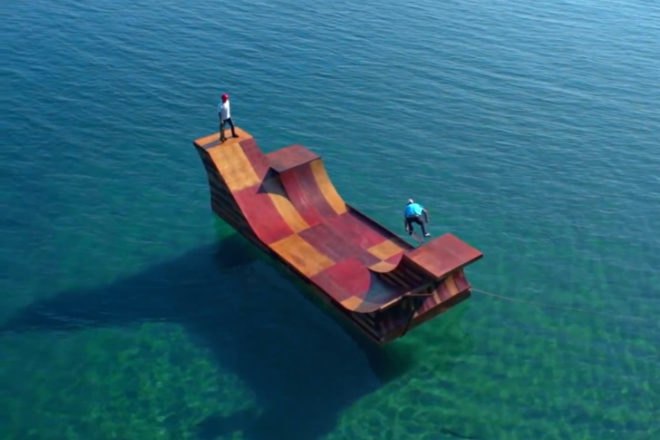 Floating Skate Ramp, Visit California, floating ramp, bob burnquist, lake tahoe, skate boarding, skate ramp