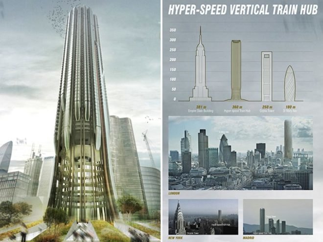 Hyper Speed Vertical Train Hub, eVolo 2014, vertical train station, high speed rail, train station of the future, high speed train, Christopher Christophi, Lucas Mazarrasa