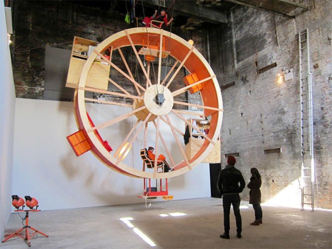 Alex Schwader art, Ward Shelley art, In Orbit Art installation, In Orbit hamster wheel, hamster wheel art, The Boiler Brooklyn, art installation, Counterweight Roommate, Rehearsal Space Philip Johnson, Rehearsal Space Glass House, temporary house, rotating houses
