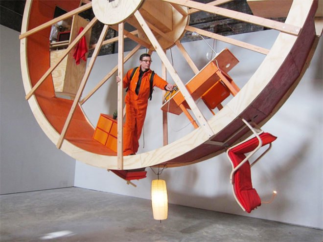 Alex Schwader art, Ward Shelley art, In Orbit Art installation, In Orbit hamster wheel, hamster wheel art, The Boiler Brooklyn, art installation, Counterweight Roommate, Rehearsal Space Philip Johnson, Rehearsal Space Glass House, temporary house, rotating houses