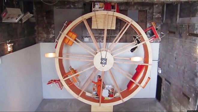 Alex Schwader art, Ward Shelley art, In Orbit Art installation, In Orbit hamster wheel, hamster wheel art, The Boiler Brooklyn, art installation, Counterweight Roommate, Rehearsal Space Philip Johnson, Rehearsal Space Glass House, temporary house, rotating houses