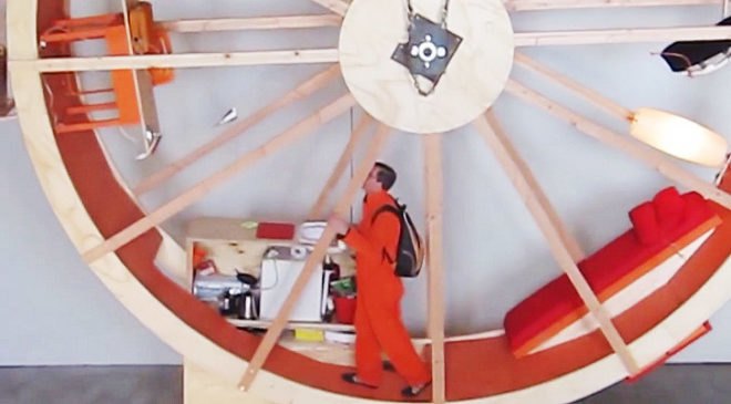 Alex Schwader art, Ward Shelley art, In Orbit Art installation, In Orbit hamster wheel, hamster wheel art, The Boiler Brooklyn, art installation, Counterweight Roommate, Rehearsal Space Philip Johnson, Rehearsal Space Glass House, temporary house, rotating houses