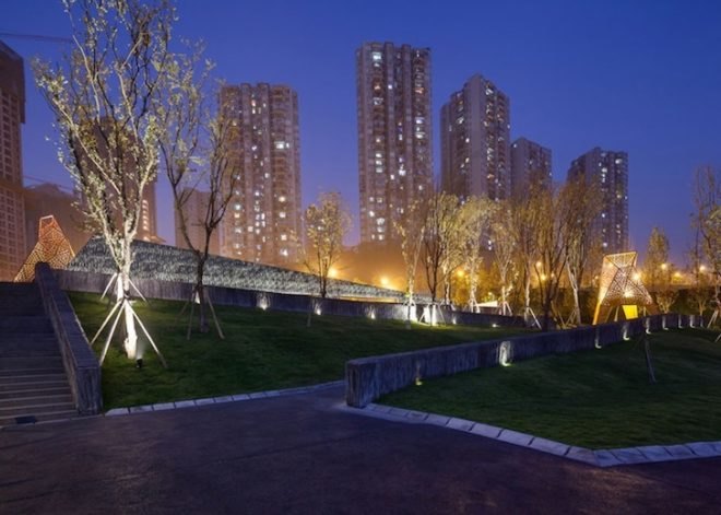 Martha Schwartz, landscape architecture, Chongqing, fengming mountain park, perforated metal, demonstration park, steep topography, zigzag paths, mountain pavilions, balustrade walls