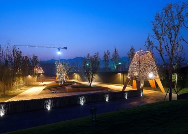 Martha Schwartz, landscape architecture, Chongqing, fengming mountain park, perforated metal, demonstration park, steep topography, zigzag paths, mountain pavilions, balustrade walls