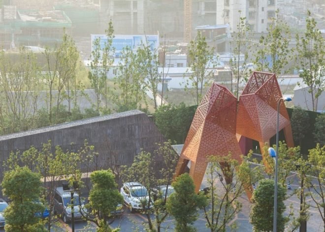 Martha Schwartz, landscape architecture, Chongqing, fengming mountain park, perforated metal, demonstration park, steep topography, zigzag paths, mountain pavilions, balustrade walls