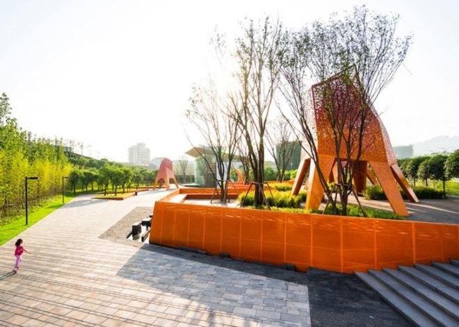 Martha Schwartz, landscape architecture, Chongqing, fengming mountain park, perforated metal, demonstration park, steep topography, zigzag paths, mountain pavilions, balustrade walls