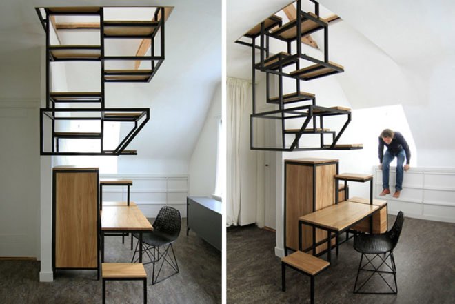 green furniture, Transforming Furniture, Green Home decor, green Interiors, Studio Mieke Meijer, Object élevé, storage-stair, space saving stairs