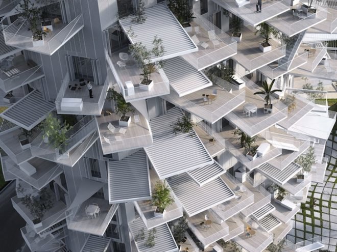sou fujimoto, Sou Fujimoto Architects, Nicolas Laisné Associates, Manal Rachdi OXO, montpellier, arbre blanc, white tree tower, Architectural Folie of the 21st Century, cantilevered balconies, mixed use, residential tower, sunshades, tree-inspired architecture, tree-inspired