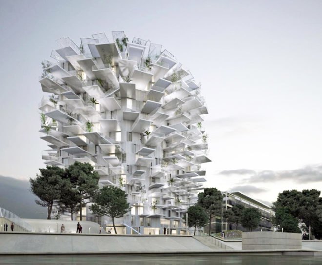 sou fujimoto, Sou Fujimoto Architects, Nicolas Laisné Associates, Manal Rachdi OXO, montpellier, arbre blanc, white tree tower, Architectural Folie of the 21st Century, cantilevered balconies, mixed use, residential tower, sunshades, tree-inspired architecture, tree-inspired