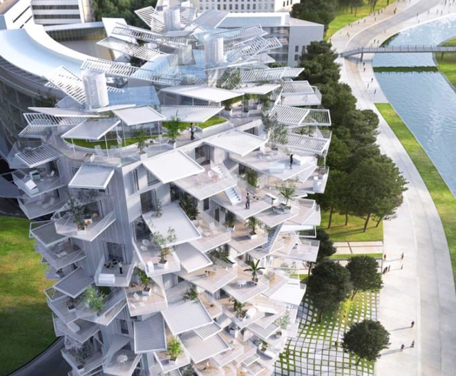 sou fujimoto, Sou Fujimoto Architects, Nicolas Laisné Associates, Manal Rachdi OXO, montpellier, arbre blanc, white tree tower, Architectural Folie of the 21st Century, cantilevered balconies, mixed use, residential tower, sunshades, tree-inspired architecture, tree-inspired