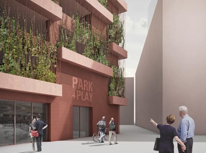 JAJA Architects, Nordhavn, Copenhagen, parking garage, green facade, red neighborhood, plant shelving system, planter boxes parking garage, centre pompidou, green roof, green roof public park, green roof playground, staircase frieze, staircase railing, the red thread