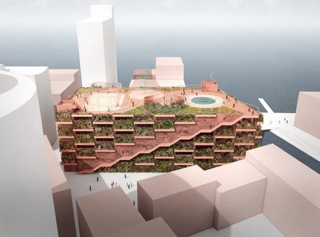 JAJA Architects, Nordhavn, Copenhagen, parking garage, green facade, red neighborhood, plant shelving system, planter boxes parking garage, centre pompidou, green roof, green roof public park, green roof playground, staircase frieze, staircase railing, the red thread