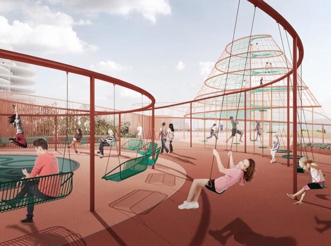 JAJA Architects, Nordhavn, Copenhagen, parking garage, green facade, red neighborhood, plant shelving system, planter boxes parking garage, centre pompidou, green roof, green roof public park, green roof playground, staircase frieze, staircase railing, the red thread