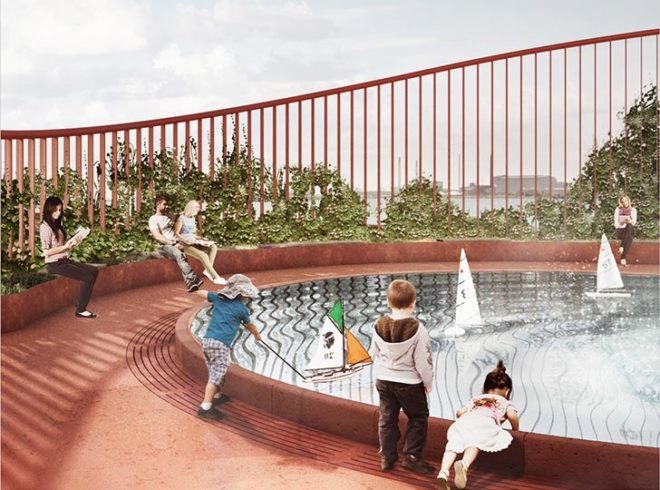 JAJA Architects, Nordhavn, Copenhagen, parking garage, green facade, red neighborhood, plant shelving system, planter boxes parking garage, centre pompidou, green roof, green roof public park, green roof playground, staircase frieze, staircase railing, the red thread