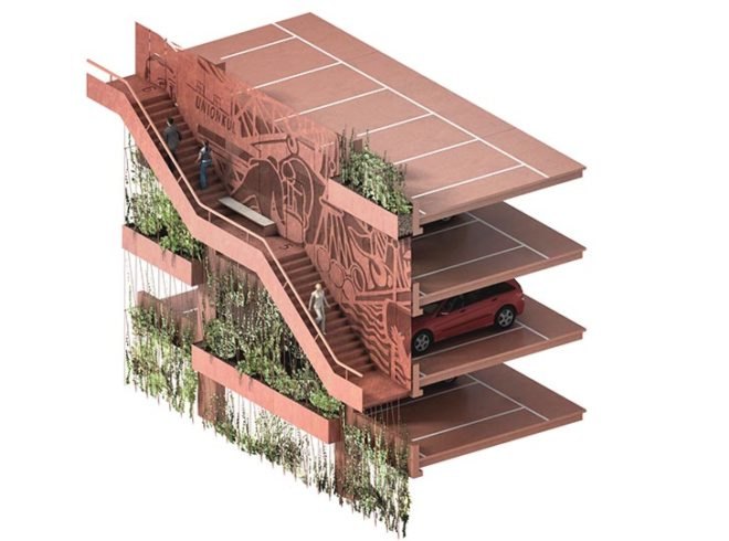JAJA Architects, Nordhavn, Copenhagen, parking garage, green facade, red neighborhood, plant shelving system, planter boxes parking garage, centre pompidou, green roof, green roof public park, green roof playground, staircase frieze, staircase railing, the red thread
