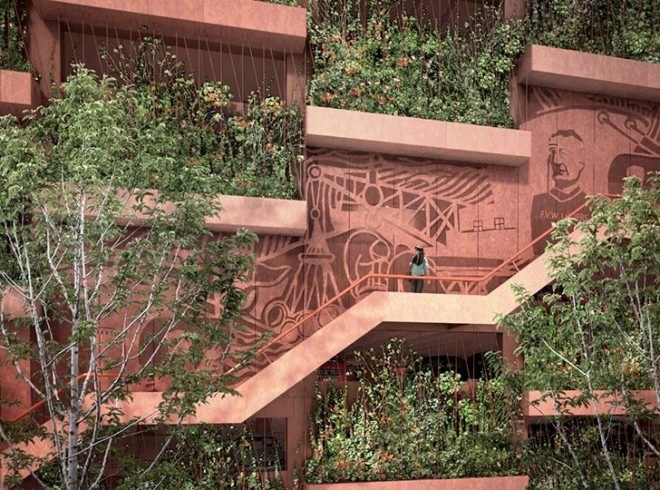 JAJA Architects, Nordhavn, Copenhagen, parking garage, green facade, red neighborhood, plant shelving system, planter boxes parking garage, centre pompidou, green roof, green roof public park, green roof playground, staircase frieze, staircase railing, the red thread