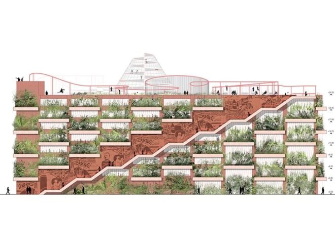 JAJA Architects, Nordhavn, Copenhagen, parking garage, green facade, red neighborhood, plant shelving system, planter boxes parking garage, centre pompidou, green roof, green roof public park, green roof playground, staircase frieze, staircase railing, the red thread
