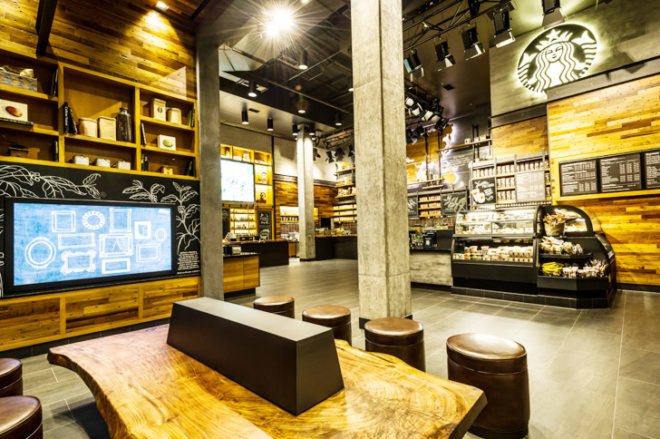 Starbucks Disney store, Starbucks LEED-certified store, LEED certification, LEED platinum cafe, Disneyland Resort Anaheim, reclaimed wood furniture, green walls, interactive installation, Disney-inspired design