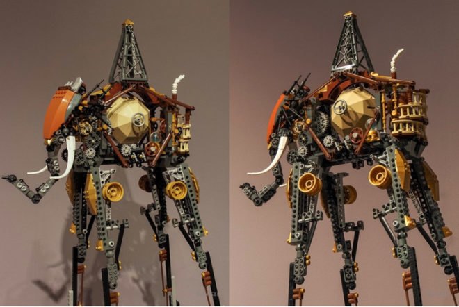 Jin Kei Lego artist, Salvador Dali "The Elephants", steampunk Salvador Dali, Wild Wild West, Push Institute, steampunk lego brick recreation