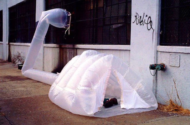 Michael Rakowitz paraSITE, paraSITE plastic shelter, homeless shelter, inflatable urban shelter, HVAC heat shelter, plastic bags shelter, HVAC systems, urban design, design for homeless, humanitarian design, temporary urban shelters, inflatable structures