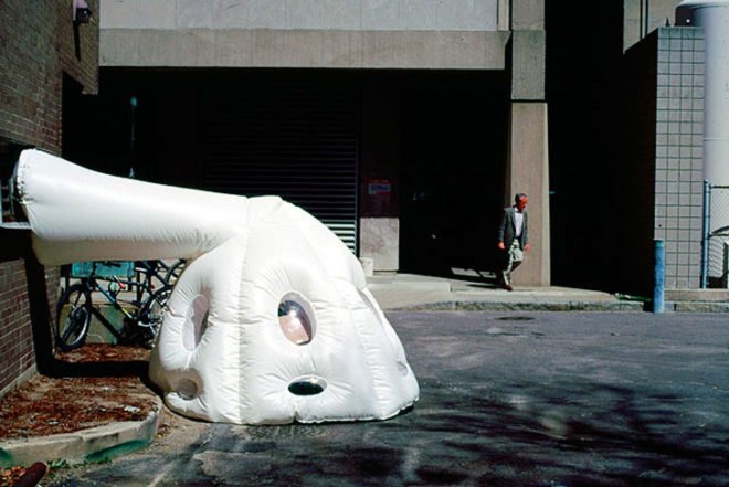 Michael Rakowitz paraSITE, paraSITE plastic shelter, homeless shelter, inflatable urban shelter, HVAC heat shelter, plastic bags shelter, HVAC systems, urban design, design for homeless, humanitarian design, temporary urban shelters, inflatable structures