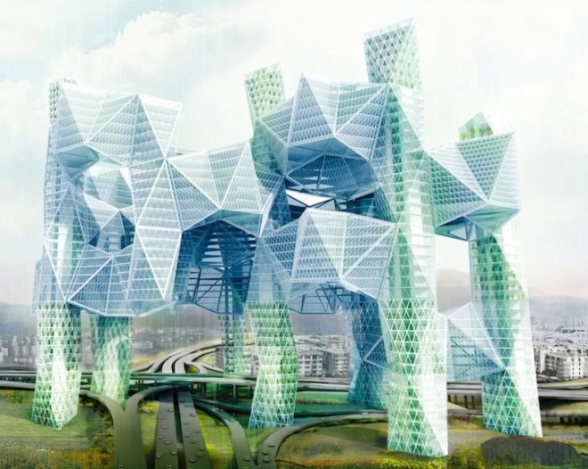 skyvillage, ziwei song, air pollution, los angeles, freeways, evolo skyscraper competition, evolo skyscraper competition 2014, modular skyscraper, green filtering towers, car-free utopia, car-free, mixed use, urban fabric