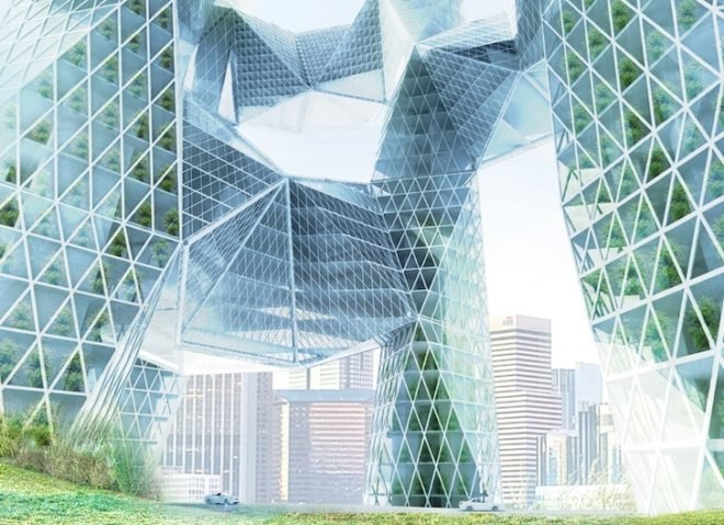 skyvillage, ziwei song, air pollution, los angeles, freeways, evolo skyscraper competition, evolo skyscraper competition 2014, modular skyscraper, green filtering towers, car-free utopia, car-free, mixed use, urban fabric