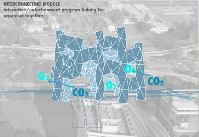 skyvillage, ziwei song, air pollution, los angeles, freeways, evolo skyscraper competition, evolo skyscraper competition 2014, modular skyscraper, green filtering towers, car-free utopia, car-free, mixed use, urban fabric