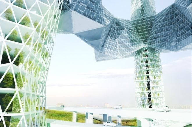 skyvillage, ziwei song, air pollution, los angeles, freeways, evolo skyscraper competition, evolo skyscraper competition 2014, modular skyscraper, green filtering towers, car-free utopia, car-free, mixed use, urban fabric