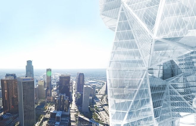 skyvillage, ziwei song, air pollution, los angeles, freeways, evolo skyscraper competition, evolo skyscraper competition 2014, modular skyscraper, green filtering towers, car-free utopia, car-free, mixed use, urban fabric