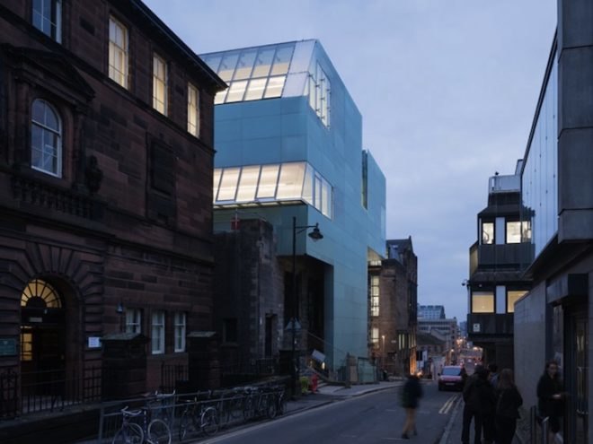 steven holl architects, jm architects, glasgow school of art, reid building, Charles Rennie Mackintosh, machair, driven voids of light, light shafts, northern light, translucent glass, glass facade, artists studios