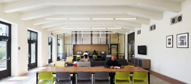 Koning Eizenberg Architecture (KEA), santa monica architects, 28th street apartments, 28th street ymca, californian architects, california architecture, green renovation, housing renovation, photovoltaics, cross-ventilated building