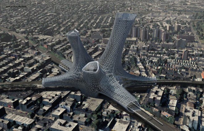 AMLGM Labs, Urban Alloy Towers, architecture, transit hub, LIRR, Queens, Woodside, transportation hub, crazy architecture, dream buildings, New York's strangest buildings, New York's most outlandish buildings, strange NY buidings, odd New York Buildings,
