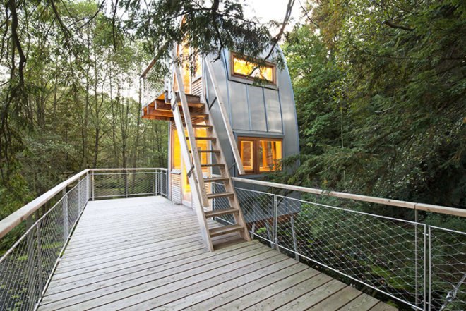 Baumraum, Long-Legged shelter, Solling Treehouse, on stilts, stands on a lake, wooden treehouse, germany